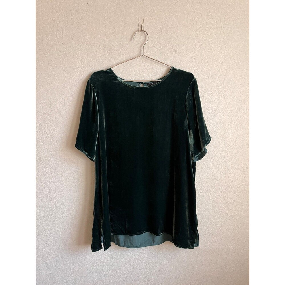 Eileen Fisher Velvet Round Neck Short Sleeve Tunic Top in Pine Green Size LARGE